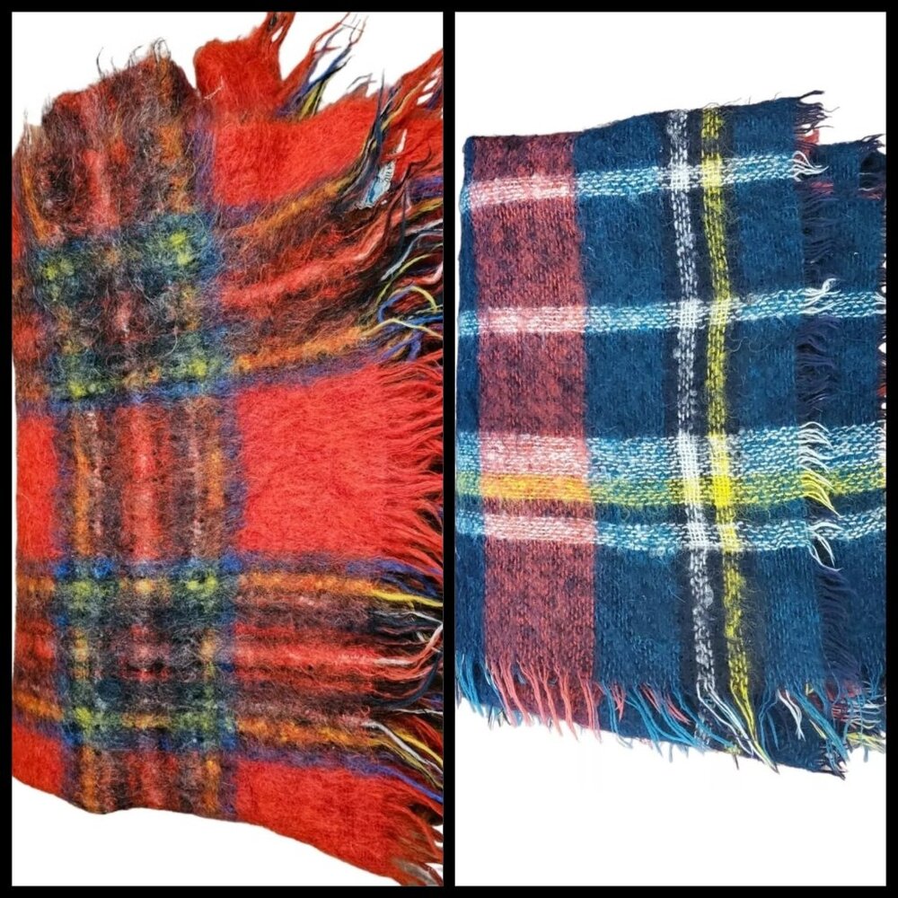 2 Vintage Mohair Pile Wool Red Tartain Plaid Lap Blankets Scotland Fuzzy Fringe